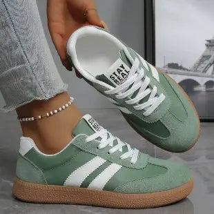 Women’s Retro Suede Sneakers – Green Striped Lace-Up Shoes with Gum Sole