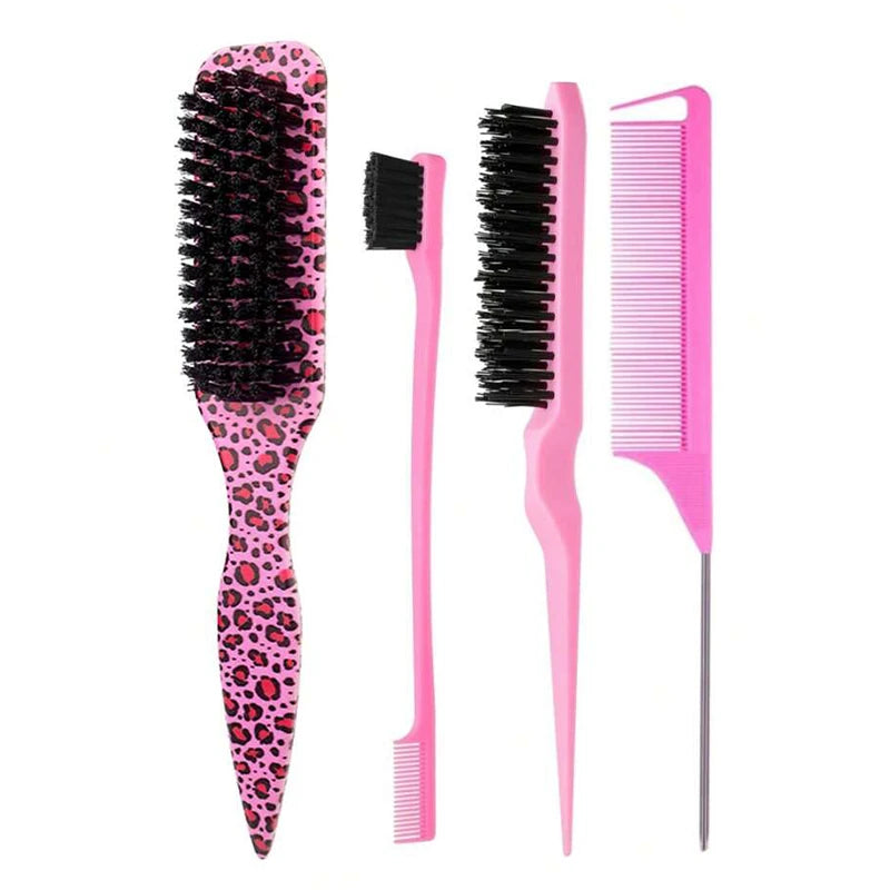 4-Piece Slick Back Hair Brush Set – Bristle Brush, Edge Brush, Teasing Brush & Rat Tail Comb