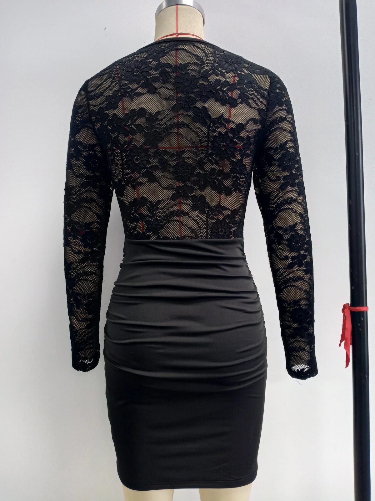 Sheer Lace Long Sleeve Bodycon Mini Dress – Ruched Crew Neck Party Dress