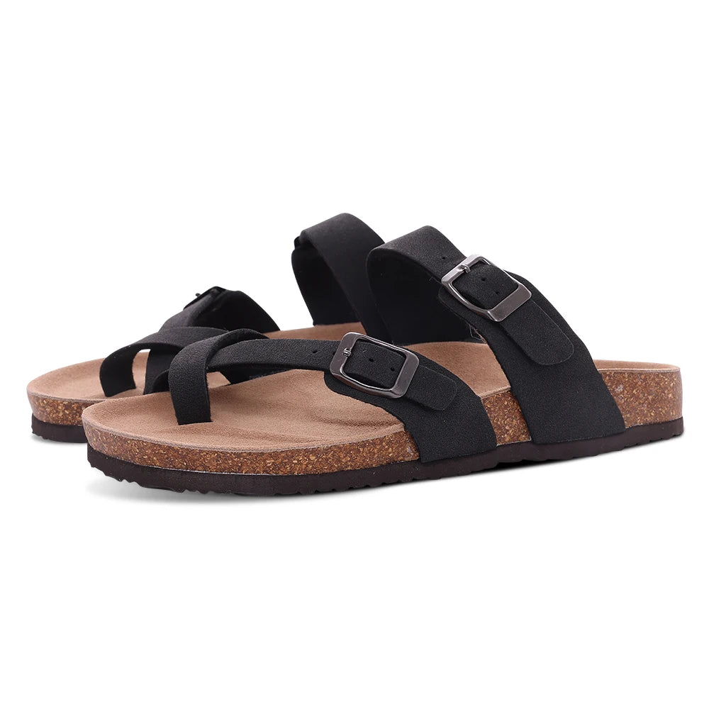 Double Buckle Cork Footbed Sandals – Suede Slide Sandals with Thick Sole for Women & Men