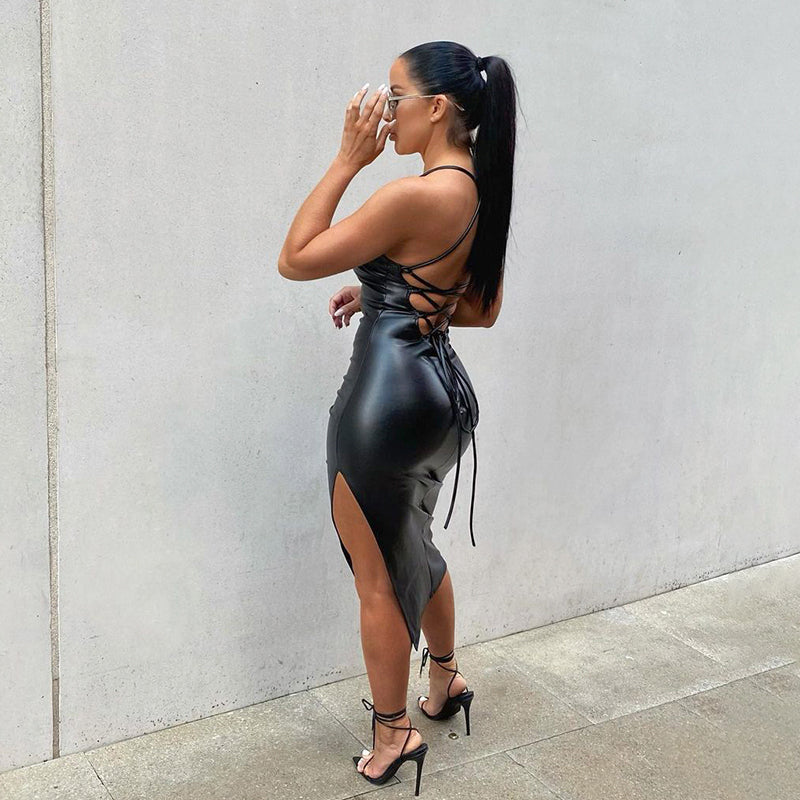 Faux Leather Lace-Up Back Midi Dress – Bodycon Slit Dress with Spaghetti Straps