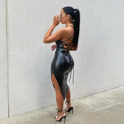 Faux Leather Lace-Up Back Midi Dress – Bodycon Slit Dress with Spaghetti Straps