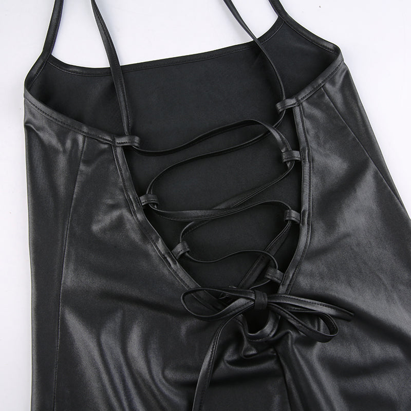 Faux Leather Lace-Up Back Midi Dress – Bodycon Slit Dress with Spaghetti Straps