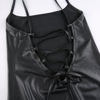 Faux Leather Lace-Up Back Midi Dress – Bodycon Slit Dress with Spaghetti Straps