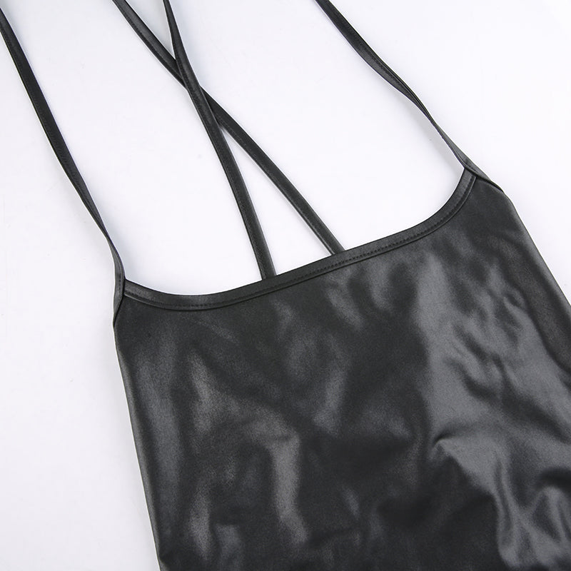 Faux Leather Lace-Up Back Midi Dress – Bodycon Slit Dress with Spaghetti Straps