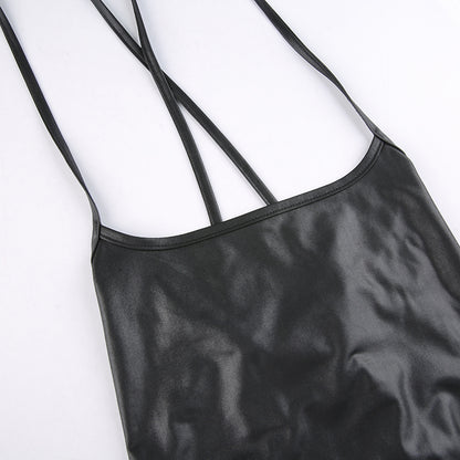 Faux Leather Lace-Up Back Midi Dress – Bodycon Slit Dress with Spaghetti Straps