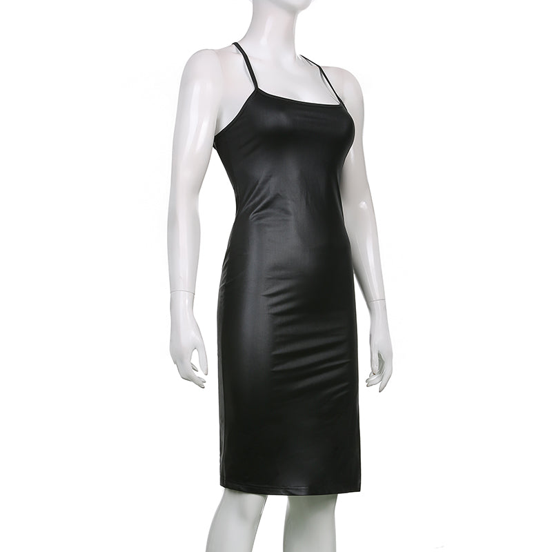 Faux Leather Lace-Up Back Midi Dress – Bodycon Slit Dress with Spaghetti Straps