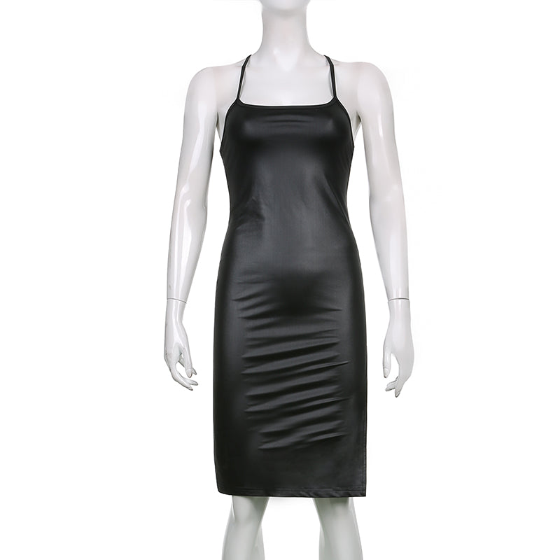 Faux Leather Lace-Up Back Midi Dress – Bodycon Slit Dress with Spaghetti Straps