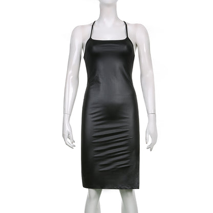 Faux Leather Lace-Up Back Midi Dress – Bodycon Slit Dress with Spaghetti Straps