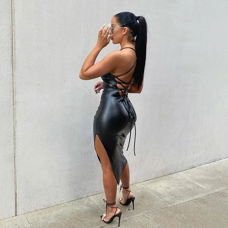 Faux Leather Lace-Up Back Midi Dress – Bodycon Slit Dress with Spaghetti Straps