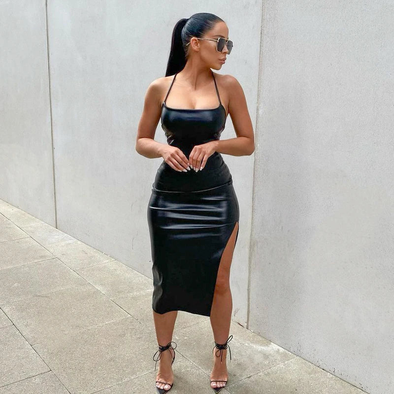 Faux Leather Lace-Up Back Midi Dress – Bodycon Slit Dress with Spaghetti Straps