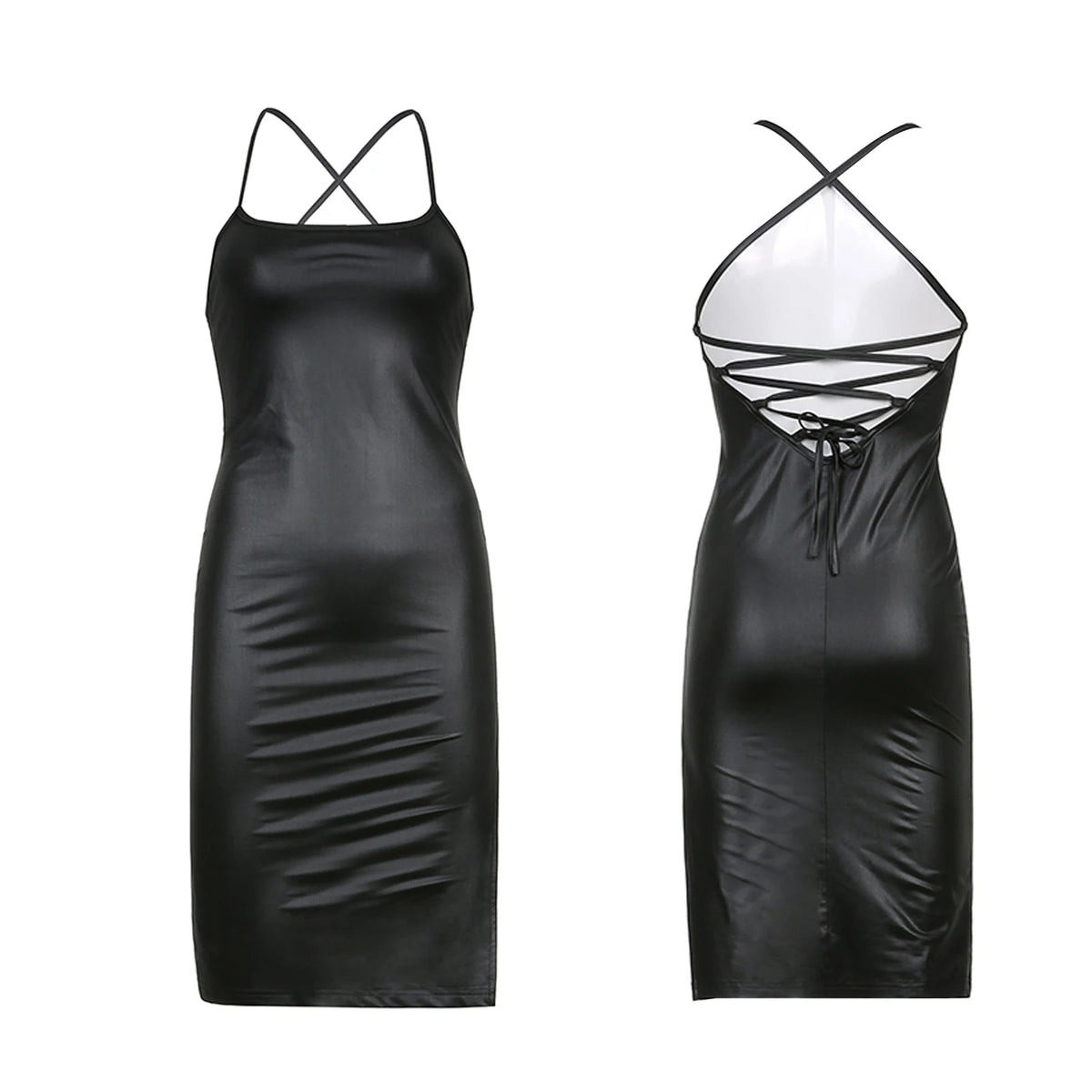 Faux Leather Lace-Up Back Midi Dress – Bodycon Slit Dress with Spaghetti Straps
