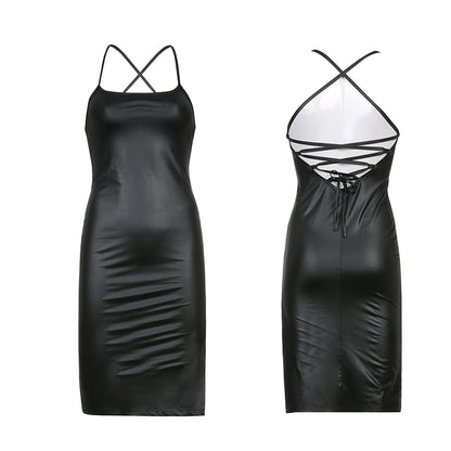 Faux Leather Lace-Up Back Midi Dress – Bodycon Slit Dress with Spaghetti Straps