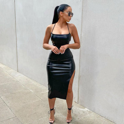 Faux Leather Lace-Up Back Midi Dress – Bodycon Slit Dress with Spaghetti Straps
