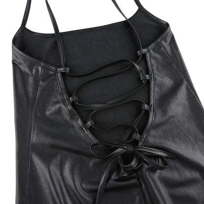 Faux Leather Lace-Up Back Midi Dress – Bodycon Slit Dress with Spaghetti Straps