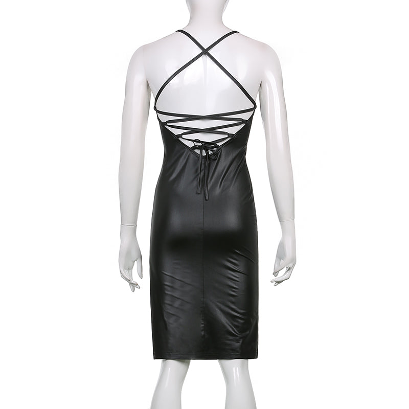 Faux Leather Lace-Up Back Midi Dress – Bodycon Slit Dress with Spaghetti Straps