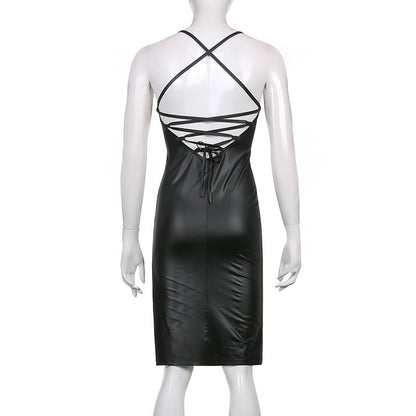 Faux Leather Lace-Up Back Midi Dress – Bodycon Slit Dress with Spaghetti Straps