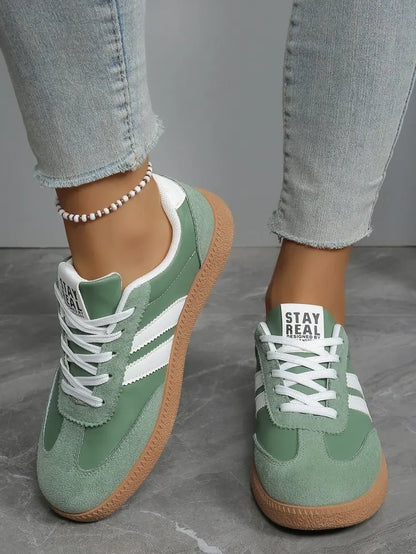 Women’s Retro Suede Sneakers – Green Striped Lace-Up Shoes with Gum Sole