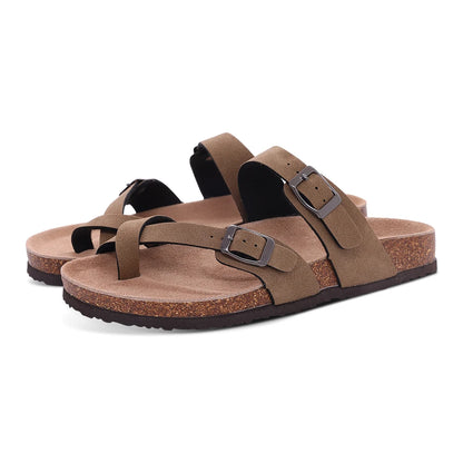 Double Buckle Cork Footbed Sandals – Suede Slide Sandals with Thick Sole for Women & Men