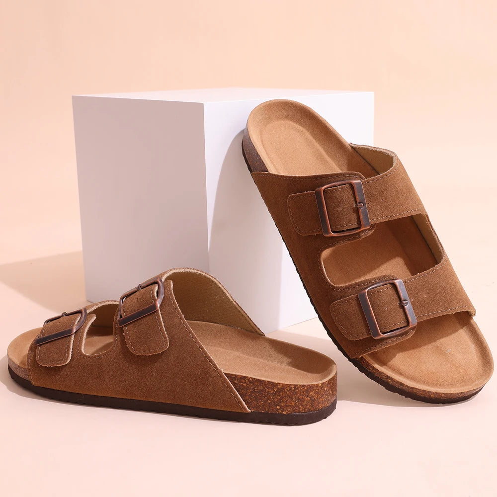 Double Buckle Cork Footbed Sandals – Suede Slide Sandals with Thick Sole for Women & Men