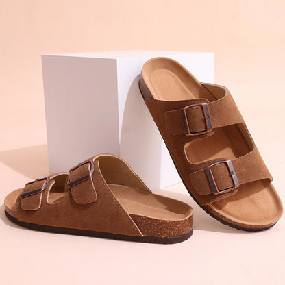 Double Buckle Cork Footbed Sandals – Suede Slide Sandals with Thick Sole for Women & Men