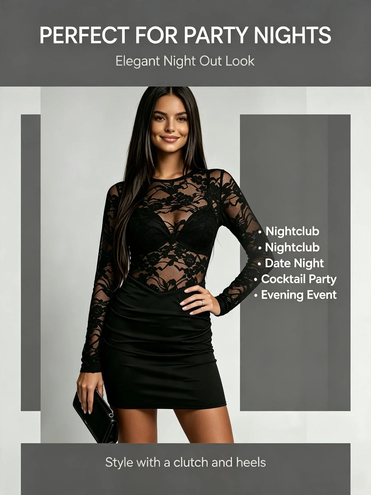 Sheer Lace Long Sleeve Bodycon Mini Dress – Ruched Crew Neck Party Dress