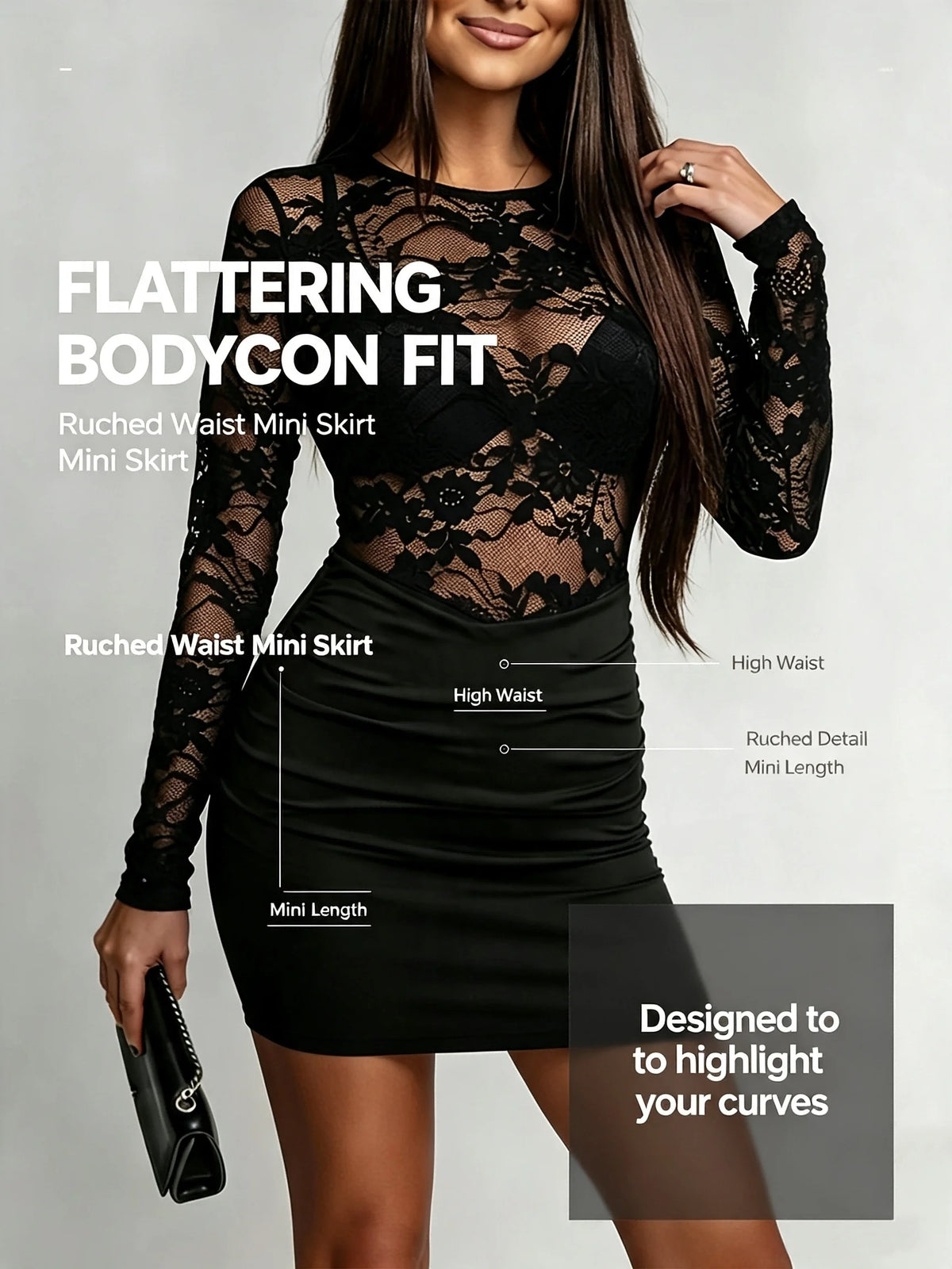 Sheer Lace Long Sleeve Bodycon Mini Dress – Ruched Crew Neck Party Dress