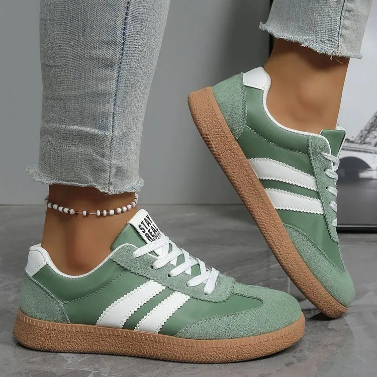Women’s Retro Suede Sneakers – Green Striped Lace-Up Shoes with Gum Sole