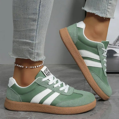 Women’s Retro Suede Sneakers – Green Striped Lace-Up Shoes with Gum Sole