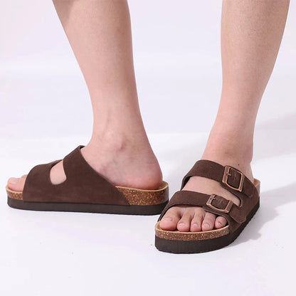 Double Buckle Cork Footbed Sandals – Suede Slide Sandals with Thick Sole for Women & Men
