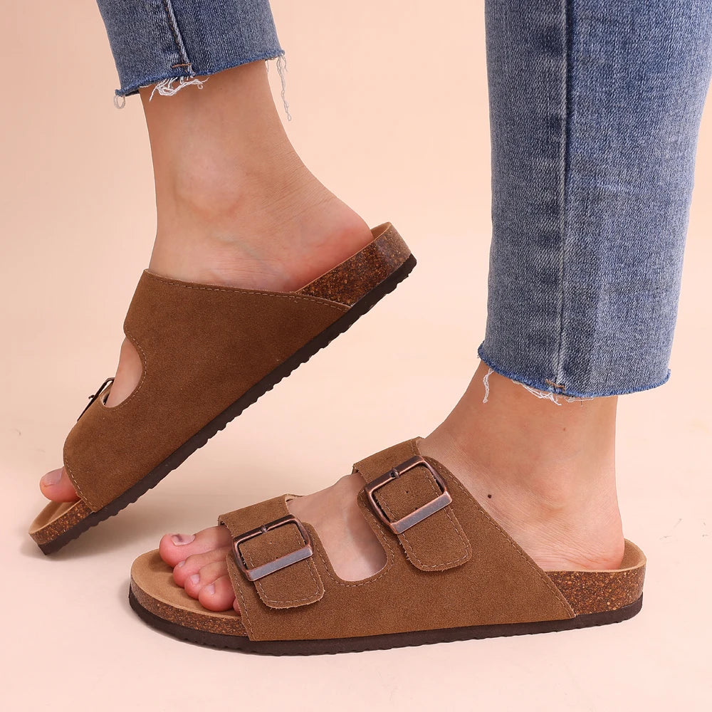 Double Buckle Cork Footbed Sandals – Suede Slide Sandals with Thick Sole for Women & Men