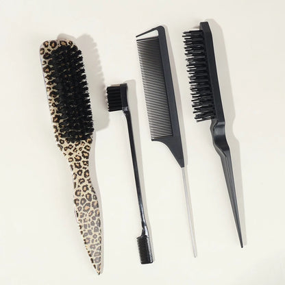 4-Piece Slick Back Hair Brush Set – Bristle Brush, Edge Brush, Teasing Brush & Rat Tail Comb