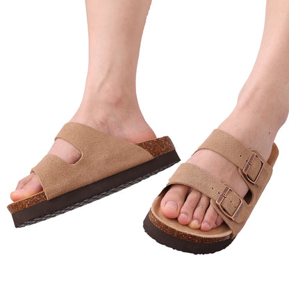 Double Buckle Cork Footbed Sandals – Suede Slide Sandals with Thick Sole for Women & Men