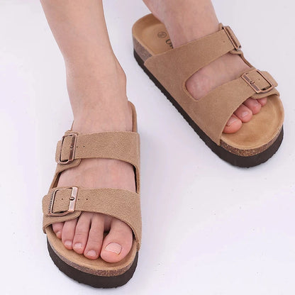 Double Buckle Cork Footbed Sandals – Suede Slide Sandals with Thick Sole for Women & Men