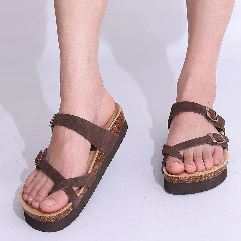 Double Buckle Cork Footbed Sandals – Suede Slide Sandals with Thick Sole for Women & Men