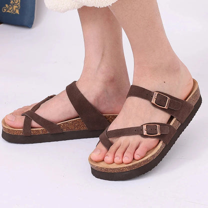 Double Buckle Cork Footbed Sandals – Suede Slide Sandals with Thick Sole for Women & Men