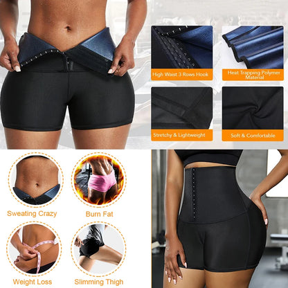 Sauna Sweat Shorts for Women – High-Waist Tummy Control Workout Shaper with Hook Closure