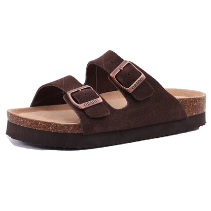 Double Buckle Cork Footbed Sandals – Suede Slide Sandals with Thick Sole for Women & Men