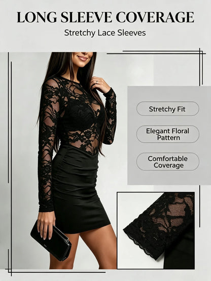 Sheer Lace Long Sleeve Bodycon Mini Dress – Ruched Crew Neck Party Dress