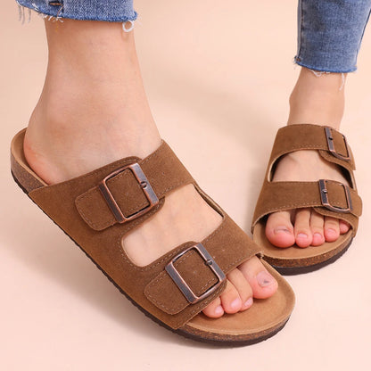 Double Buckle Cork Footbed Sandals – Suede Slide Sandals with Thick Sole for Women & Men