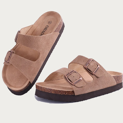 Double Buckle Cork Footbed Sandals – Suede Slide Sandals with Thick Sole for Women & Men
