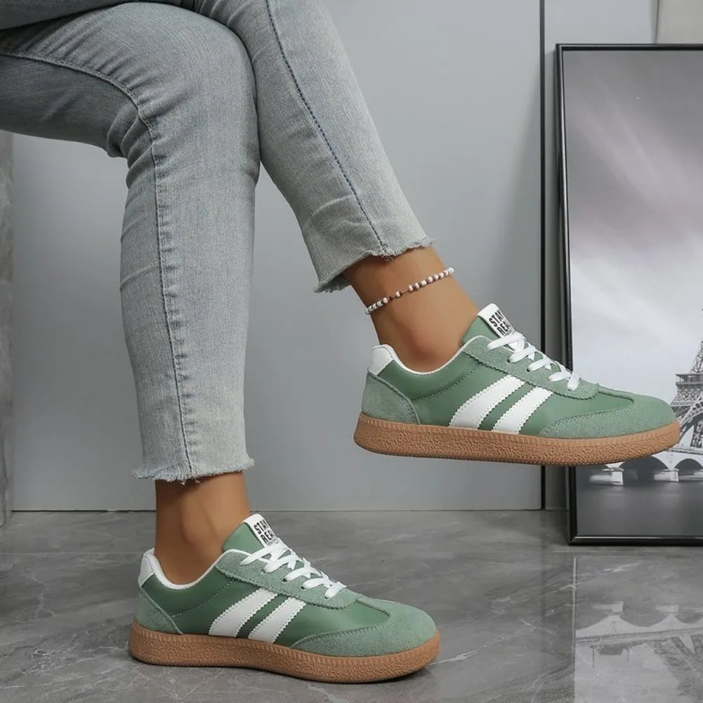 Women’s Retro Suede Sneakers – Green Striped Lace-Up Shoes with Gum Sole