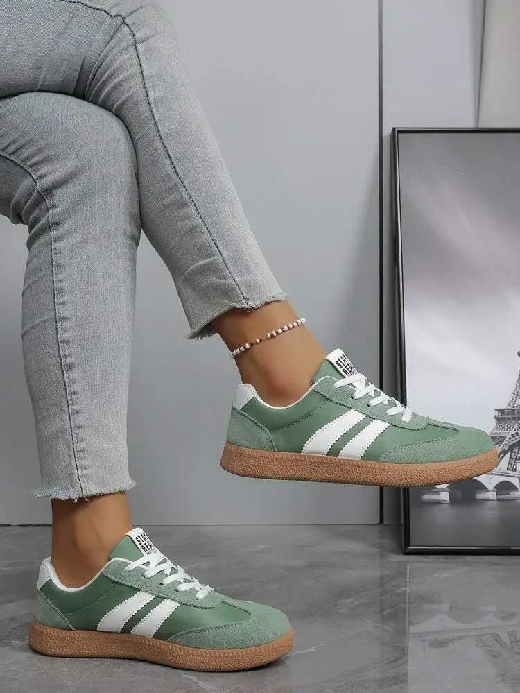 Women’s Retro Suede Sneakers – Green Striped Lace-Up Shoes with Gum Sole