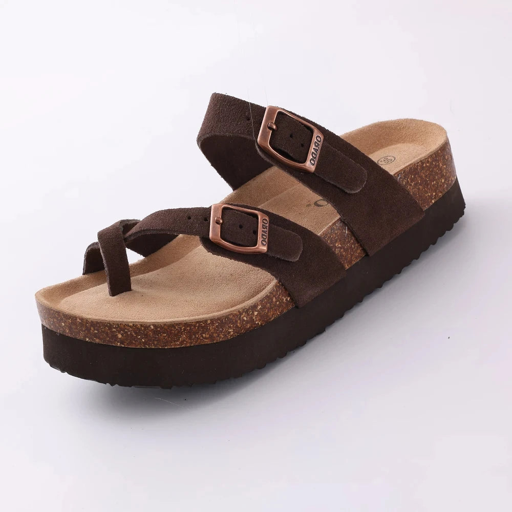 Double Buckle Cork Footbed Sandals – Suede Slide Sandals with Thick Sole for Women & Men