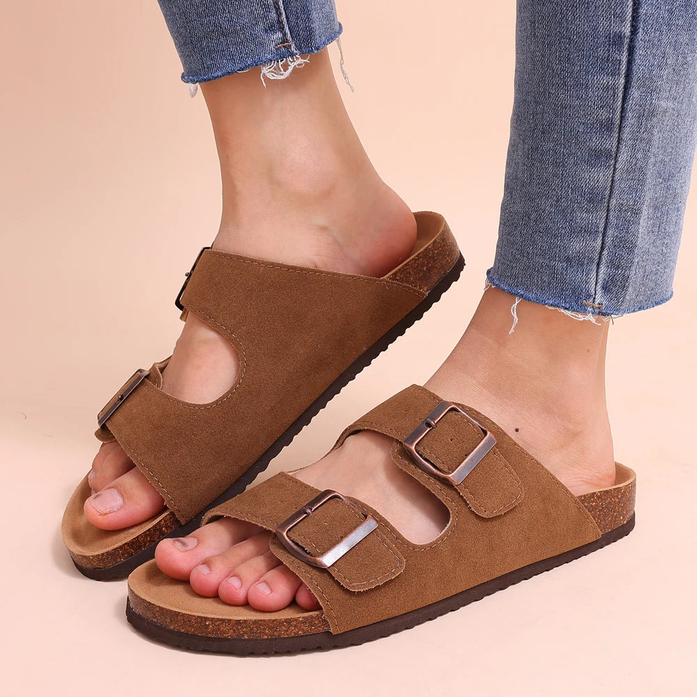 Double Buckle Cork Footbed Sandals – Suede Slide Sandals with Thick Sole for Women & Men