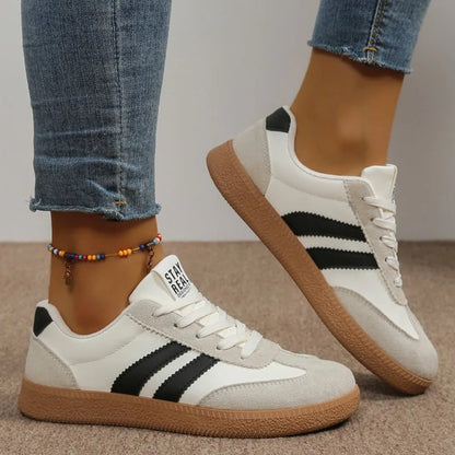 Women’s Retro Suede Sneakers – Green Striped Lace-Up Shoes with Gum Sole
