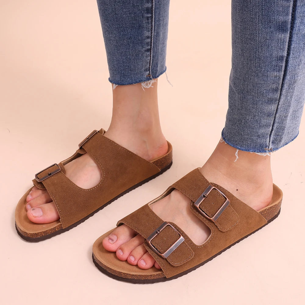 Double Buckle Cork Footbed Sandals – Suede Slide Sandals with Thick Sole for Women & Men