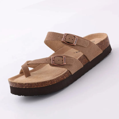 Double Buckle Cork Footbed Sandals – Suede Slide Sandals with Thick Sole for Women & Men