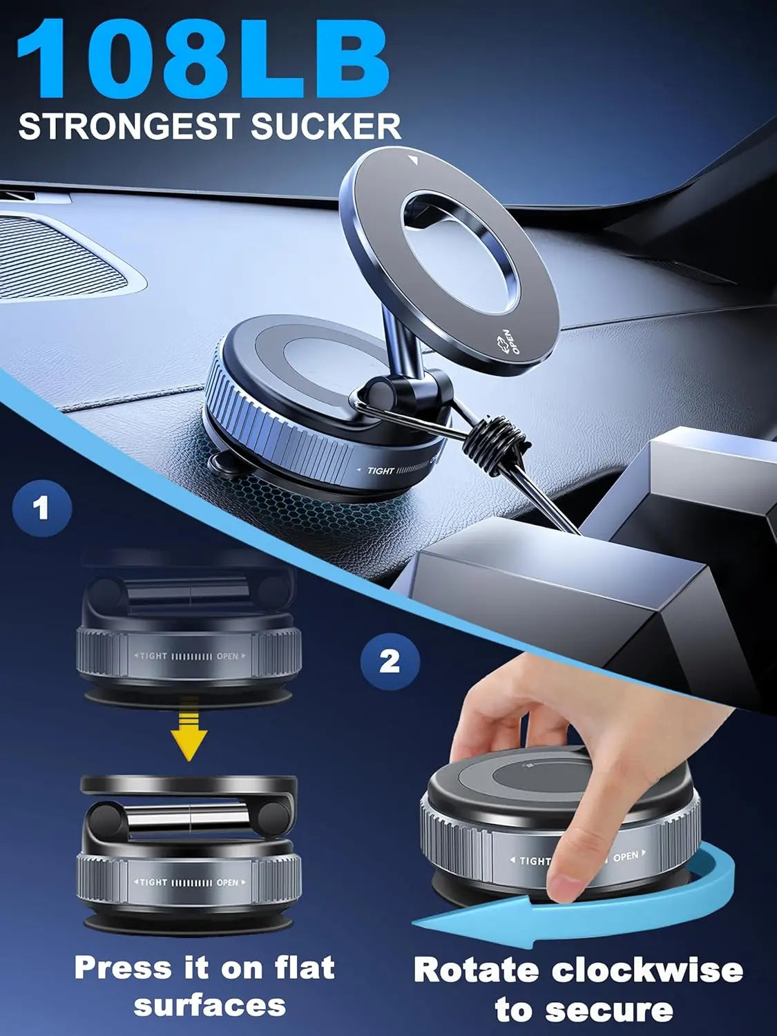 Magnetic Vacuum Phone Car Mount – 360° Rotatable Foldable Holder