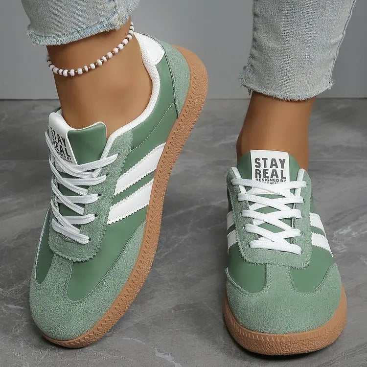 Women’s Retro Suede Sneakers – Green Striped Lace-Up Shoes with Gum Sole